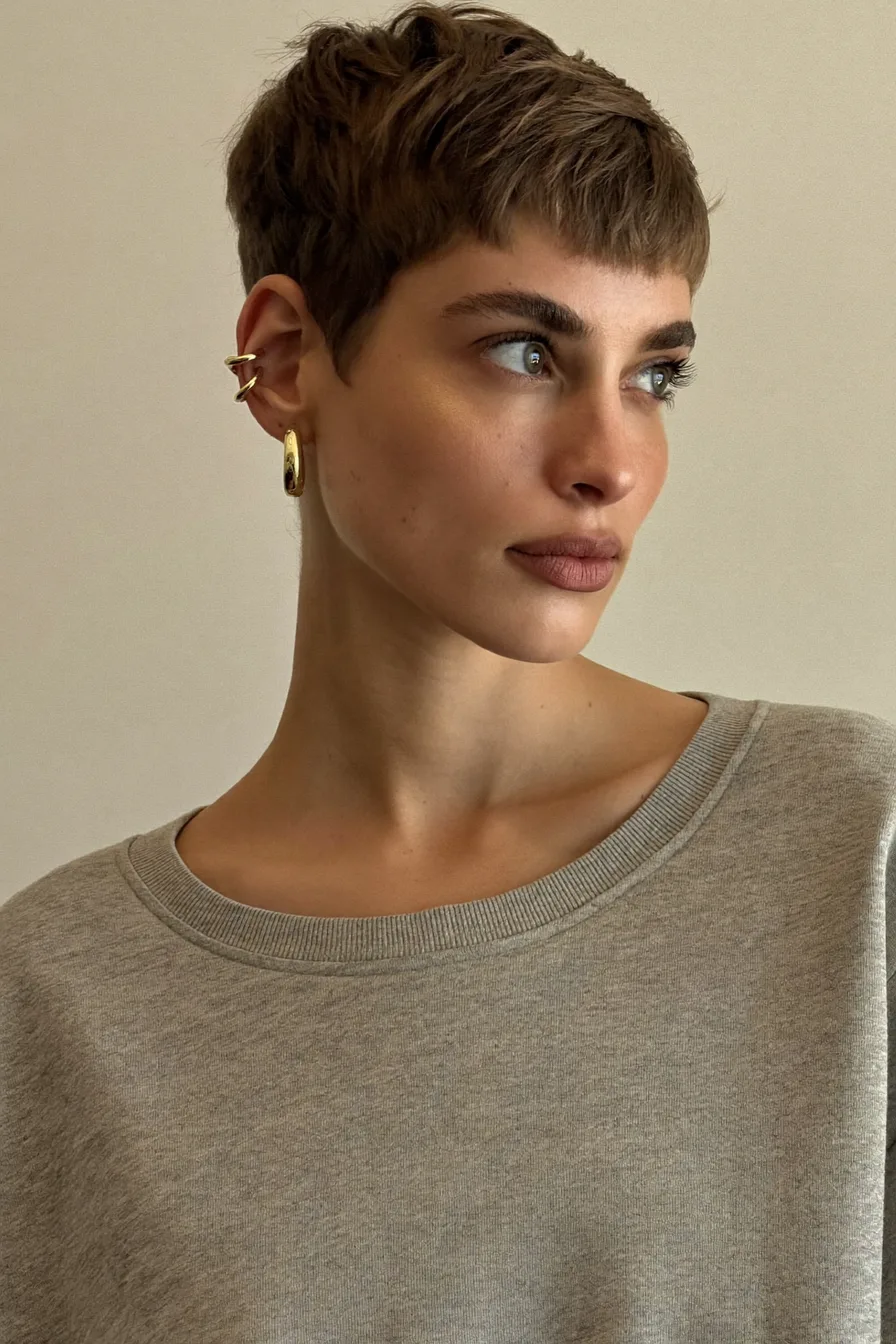 Textured Ash Brown Pixie Cut with Micro-Blunt Bangs