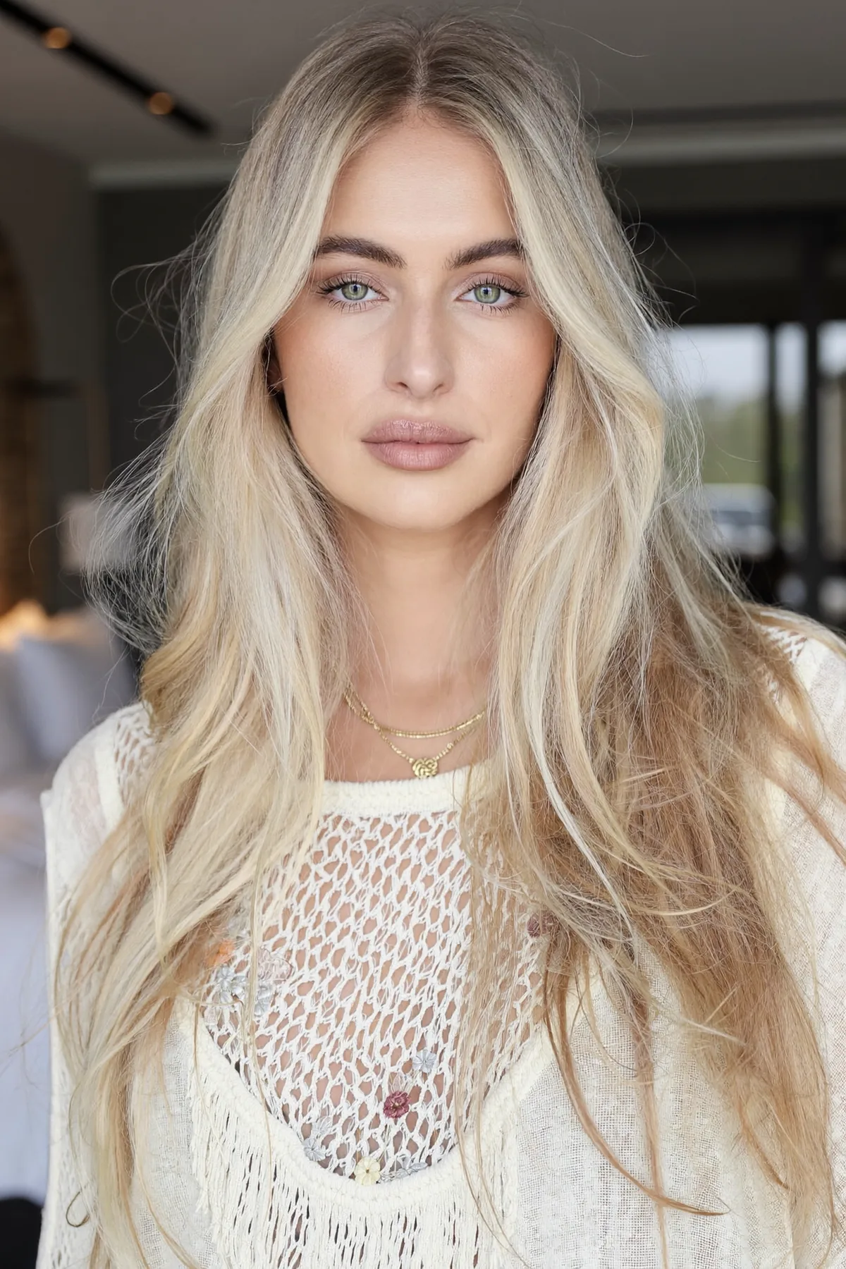 Honey Golden Blonde Long Layered Cut with Wavy Curtain Bangs