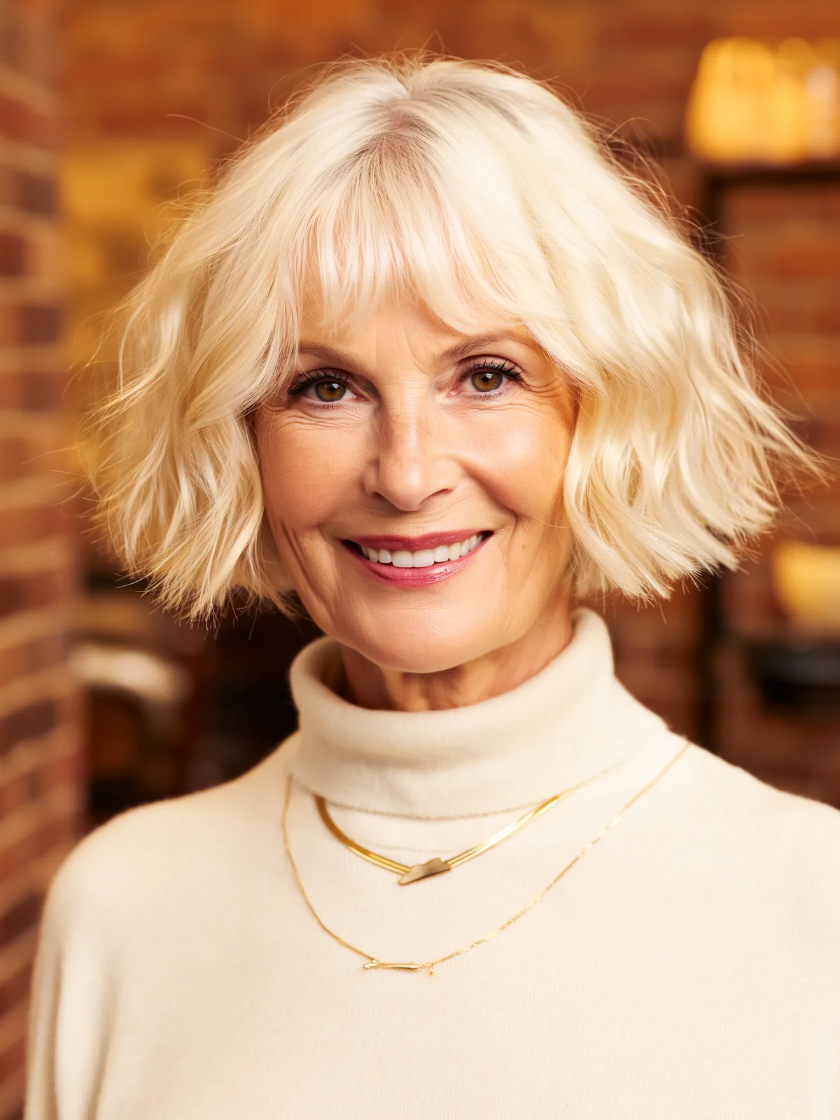 Wavy Platinum Blonde Chin-Length Bob with Wispy Bangs