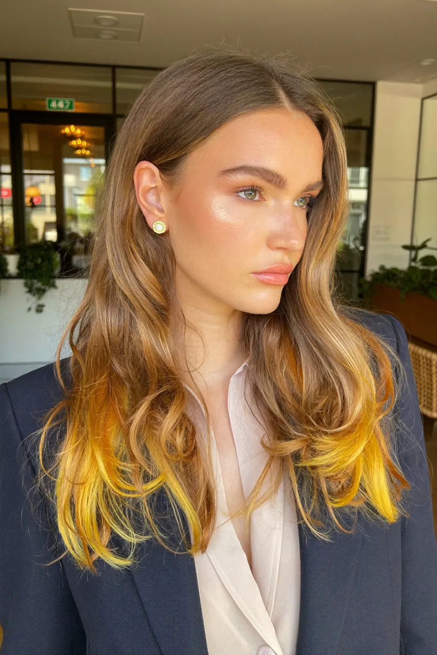 Modern Ombre Mid-Length Waves with Golden Yellow Ends