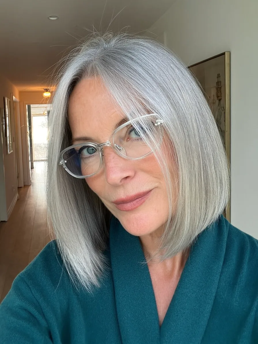 Classic Chin-Length Blunt Bob with Sleek Silver Gray Shine