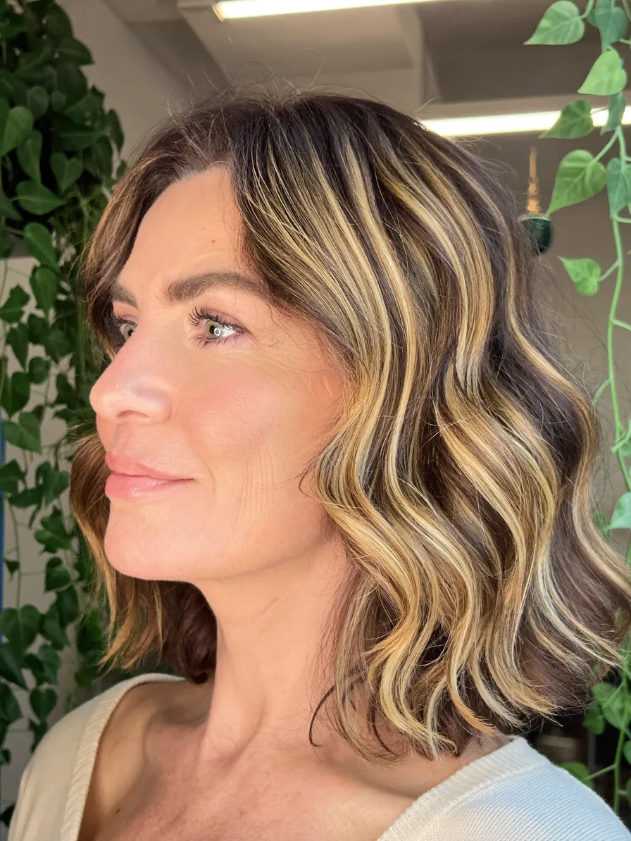 Soft Wavy Shoulder-Length Lob with Warm Honey Blonde Highlights