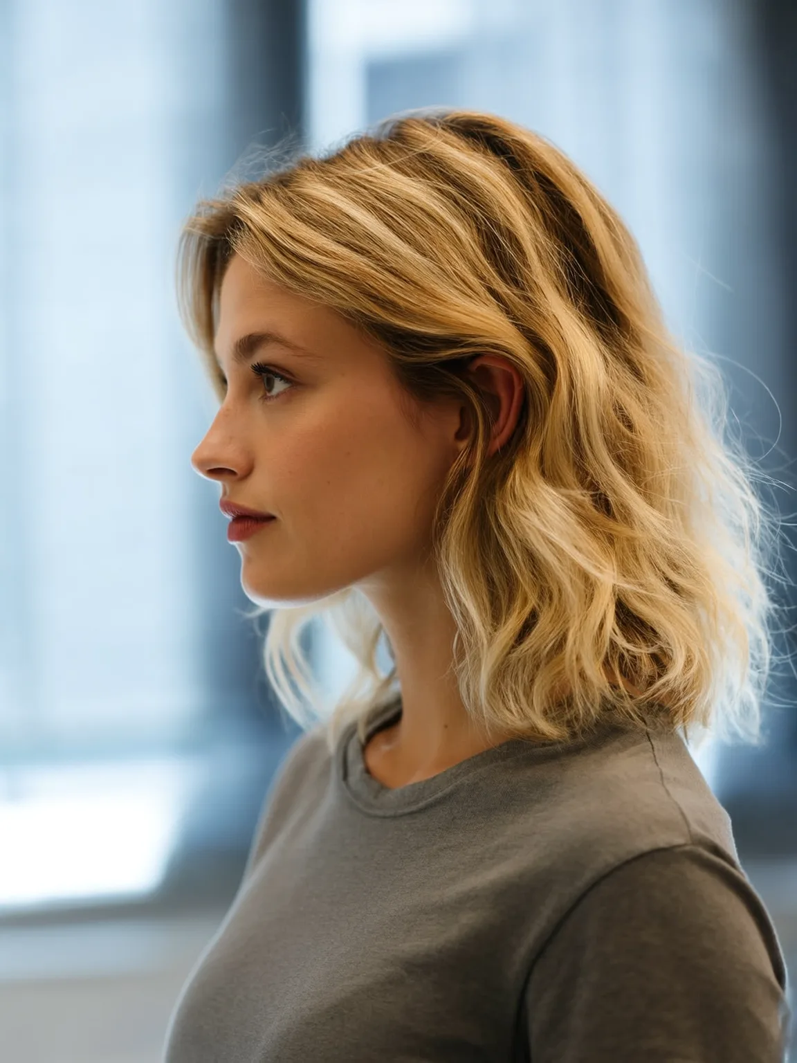 Shoulder-Length Wavy Lob with Sandy Blonde Highlights
