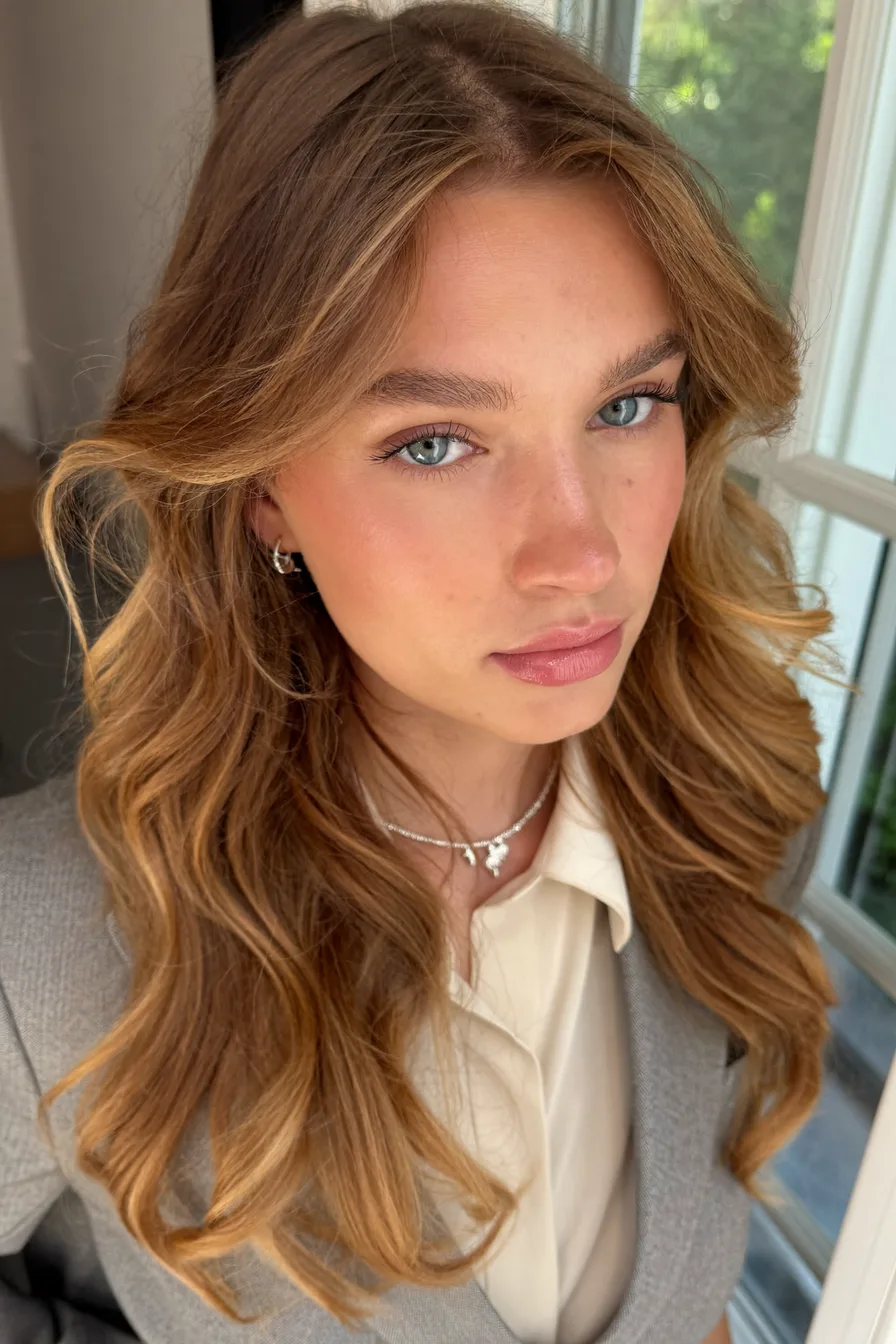 Dimensional Caramel Brown Wavy Long Layered Hair with Soft Face-Framing