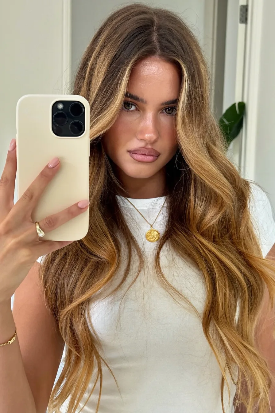 Glossy Caramel Brown Wavy Long Layered Hair for Effortless Glamour