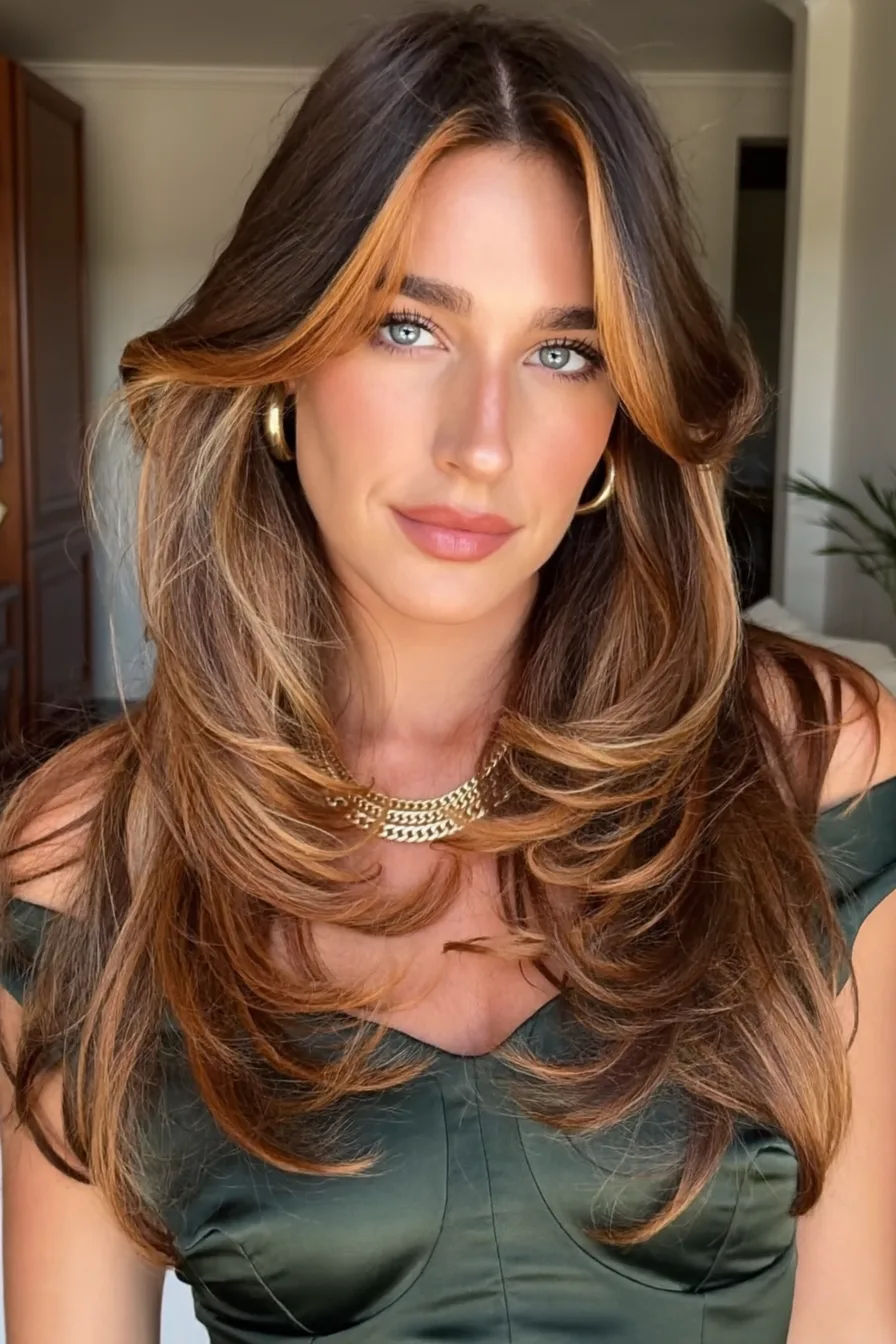 Caramel Brown Wavy Long Layered Hair With Voluminous Curtain Layers
