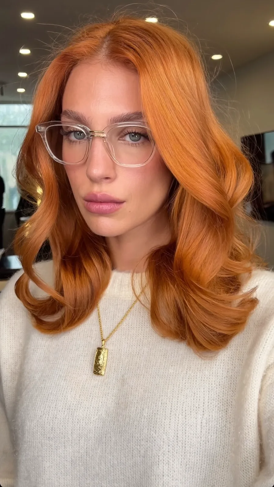 Elegant Voluminous Shoulder-Length Copper Waves with Center Part