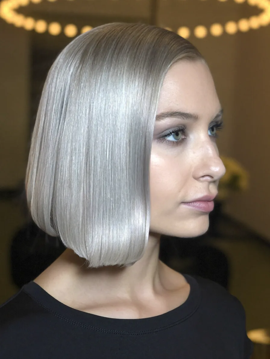 Sleek Platinum Silver Blunt Chin-Length Bob Hairstyle