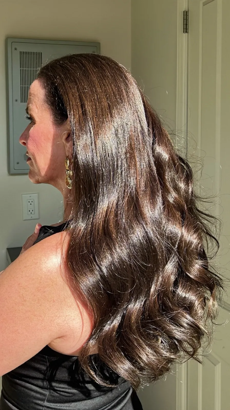 Elegant Long Layered Waves with Rich Chocolate Shine