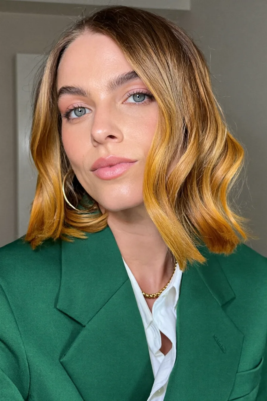 Modern Shoulder-Length Lob with Flowing Golden Honey Balayage Waves