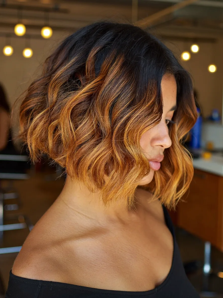 Chin-Length Wavy Bob with Warm Copper Balayage Highlights