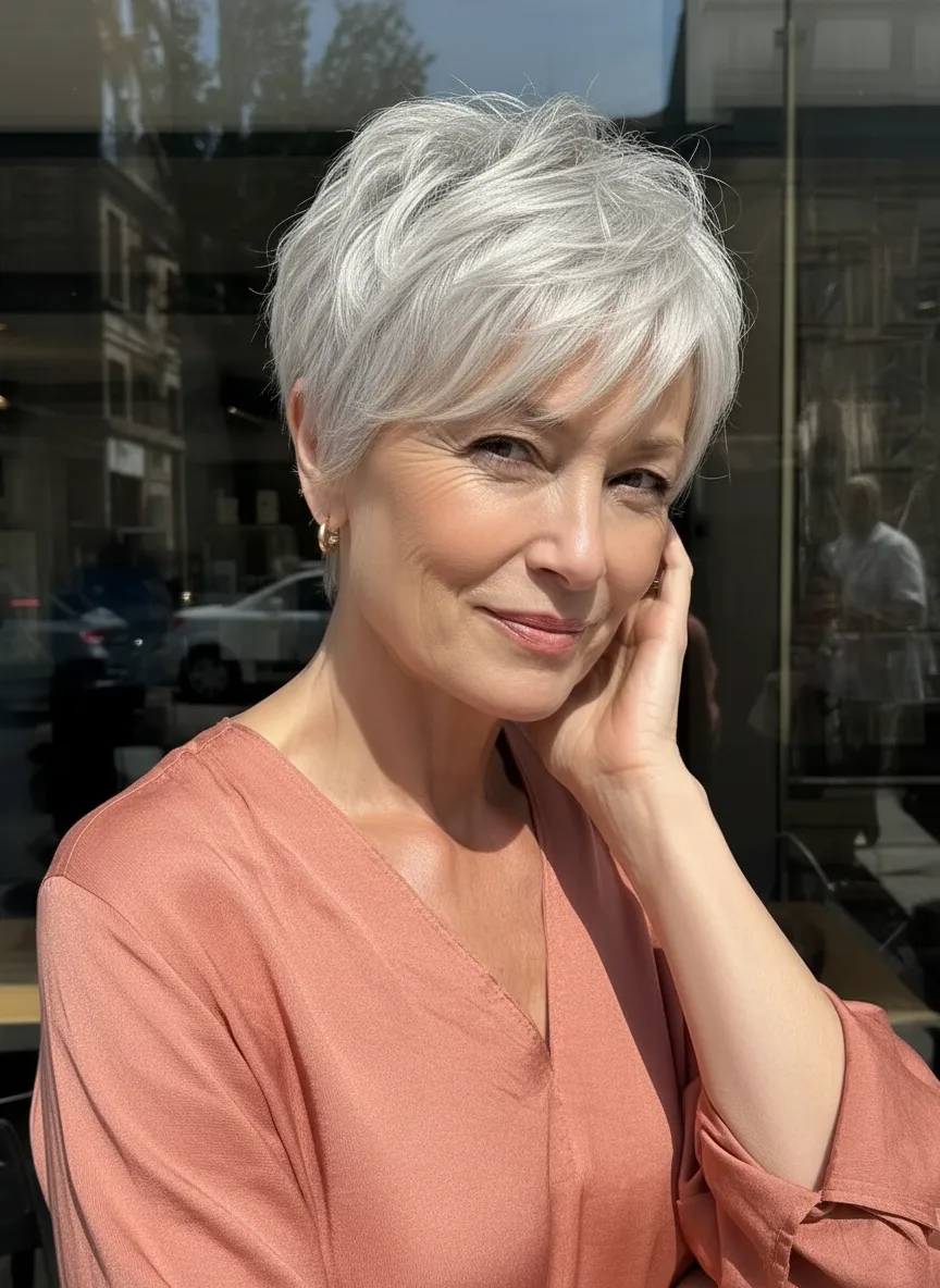 Wavy Silver Frost Pixie with Side-Swept Bangs