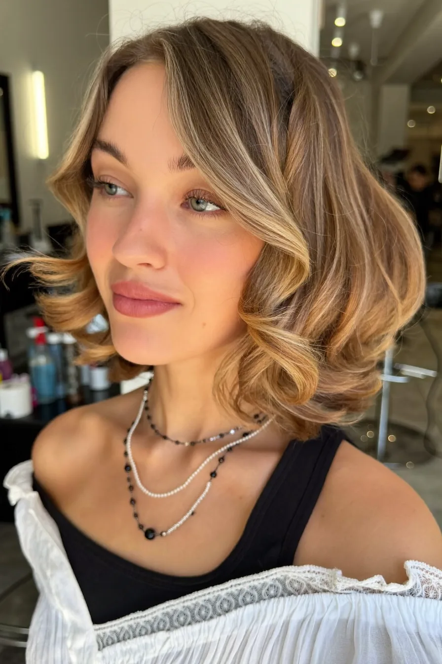 Soft Wavy Chin-Length Bob with Honey Blonde Balayage Highlights