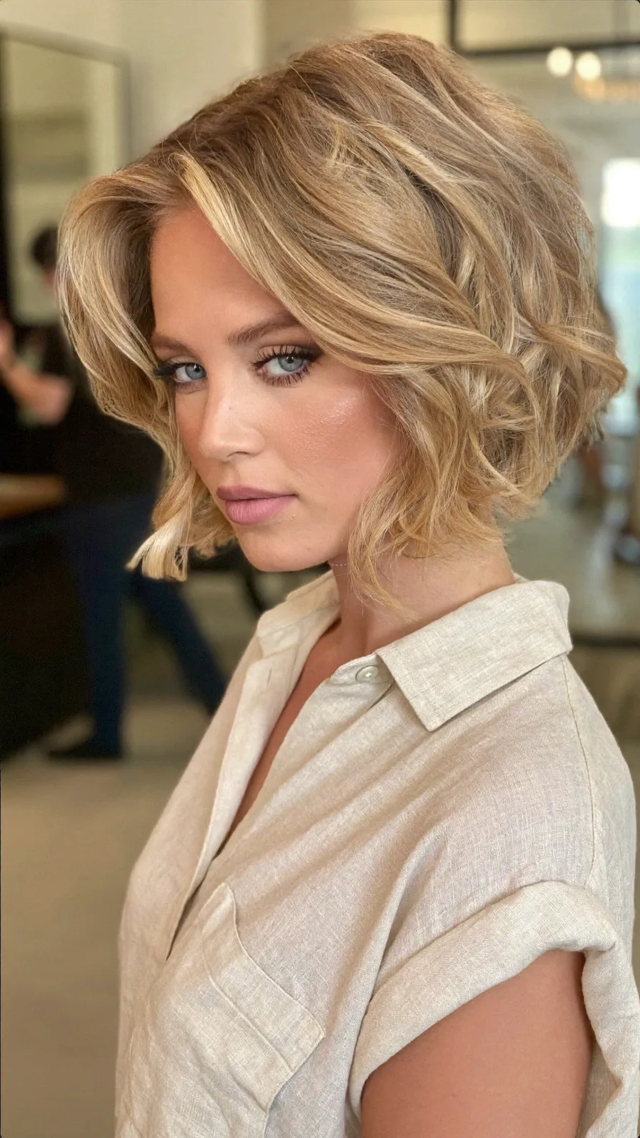 Voluminous Textured Chin-Length Bob with Side-Swept Highlights