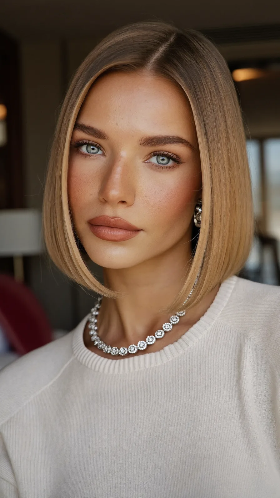 Sleek Blunt Chin-Length Bob with Center Part