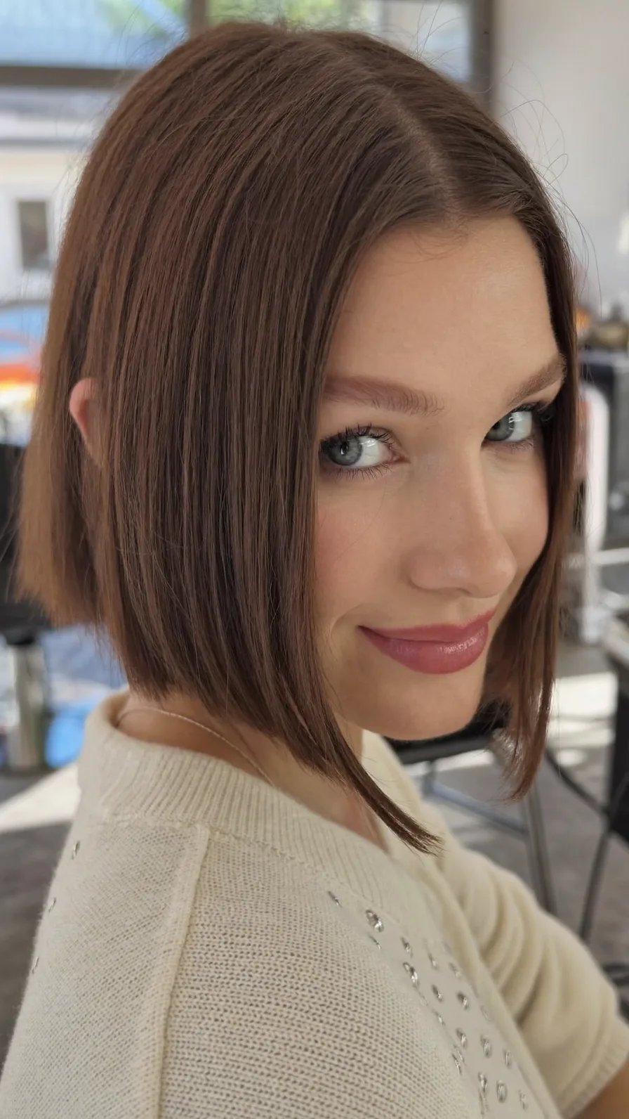 Sleek Chin-Length Chocolate Brown Blunt Bob Hairstyle