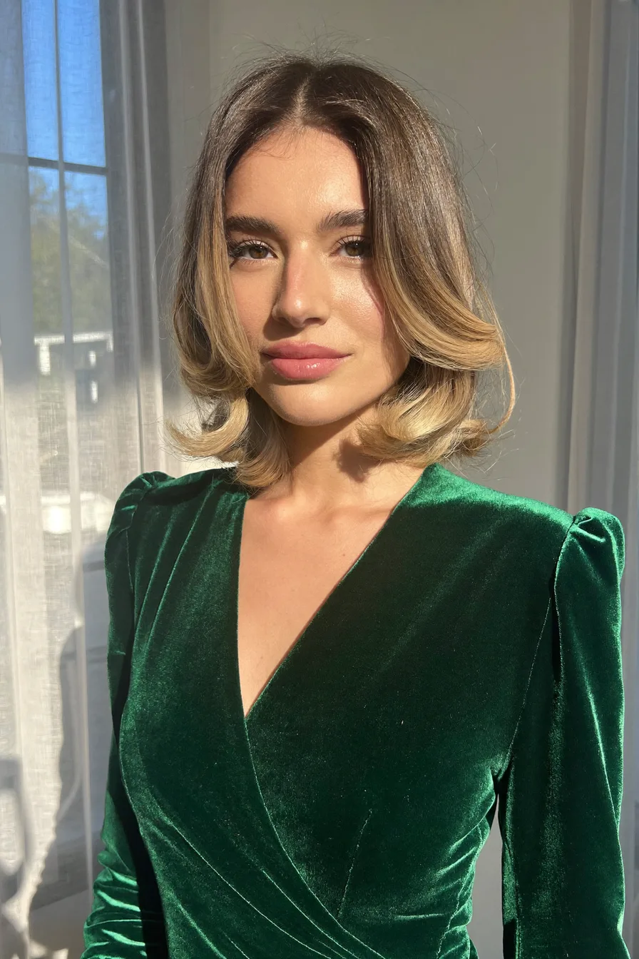 Chic Chin-Length Long Bob with Balayage Flicked Ends