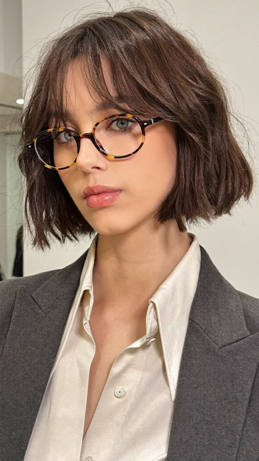 Textured Chin-Length Bob with Center-Parted Curtain Bangs