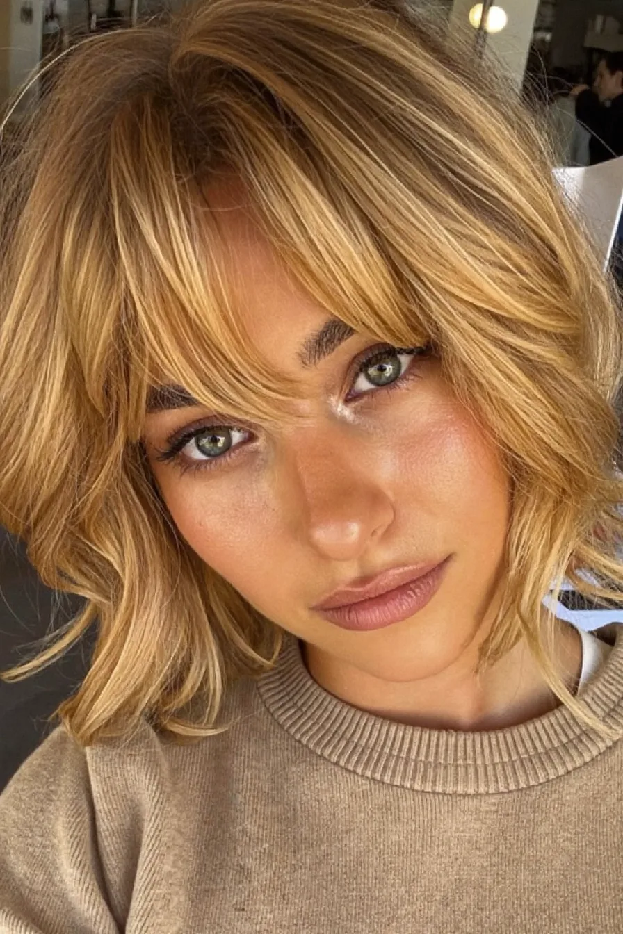 Modern Textured Chin-Length Bob with Curtain Bangs and Balayage Highlights