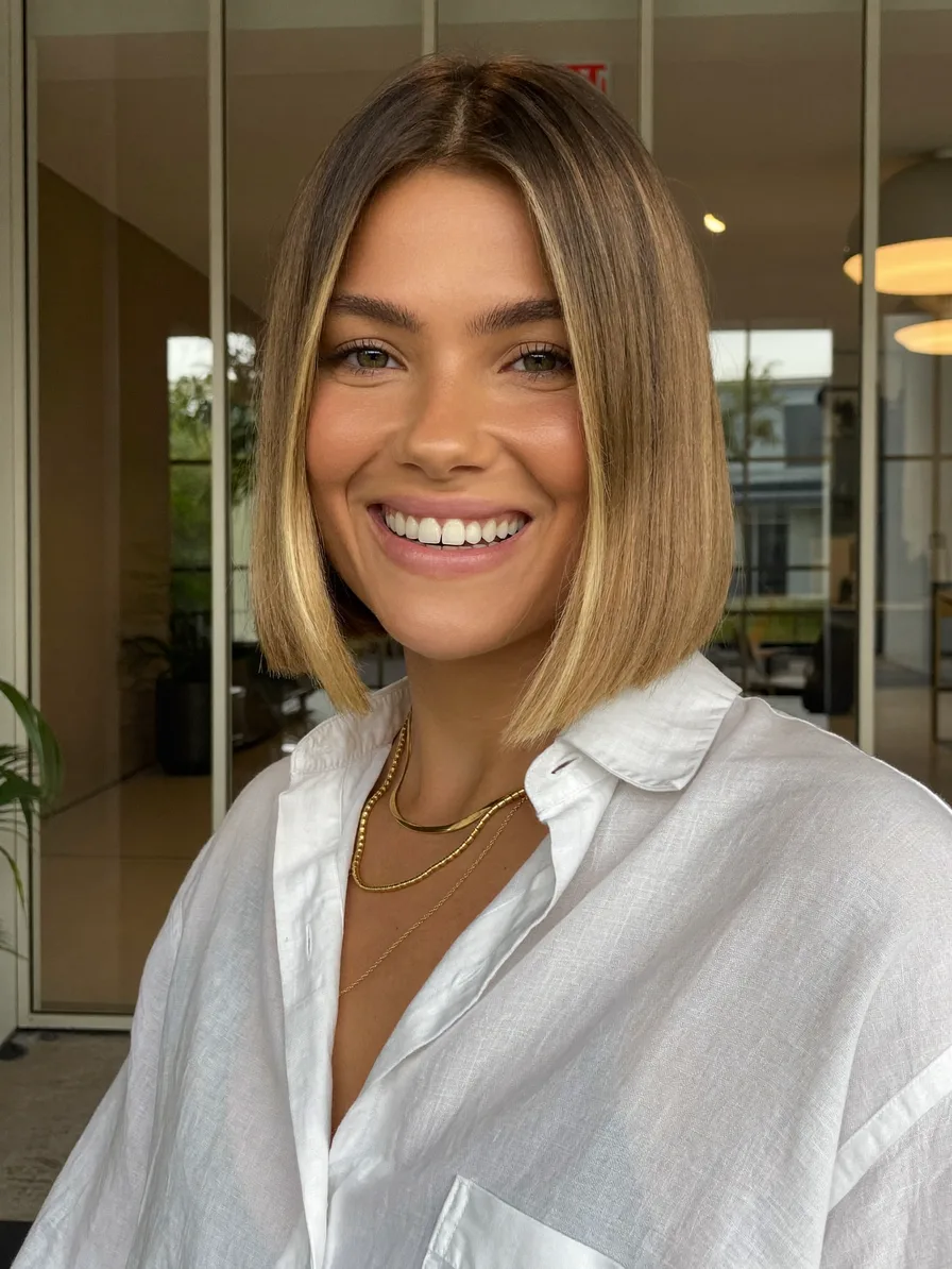 Chin-Length Blunt Bob with Subtle Honey Blonde Highlights