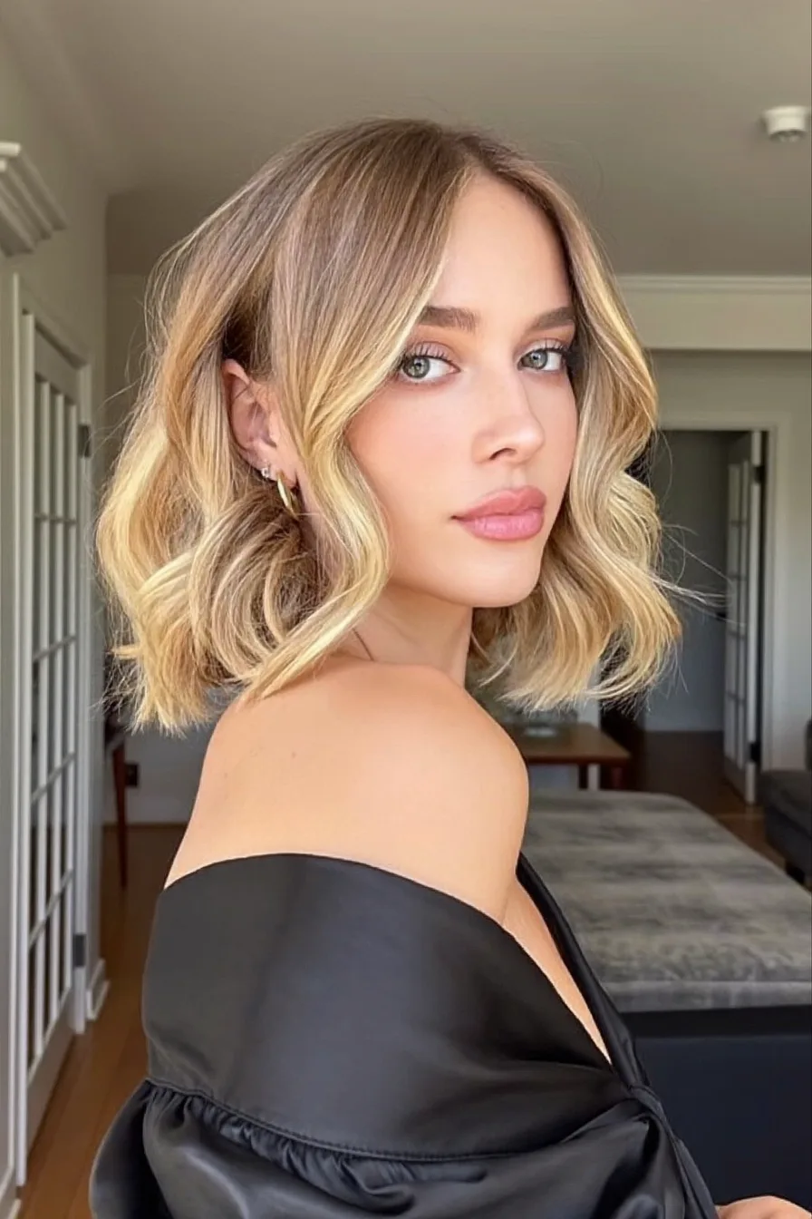 Modern Shoulder-Length Lob with Ash Blonde Balayage Waves