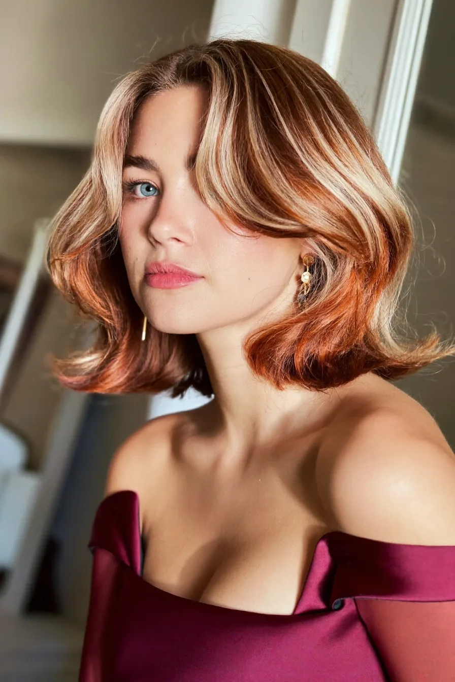 Shoulder-Length Blunt Bob with Warm Copper Balayage Waves