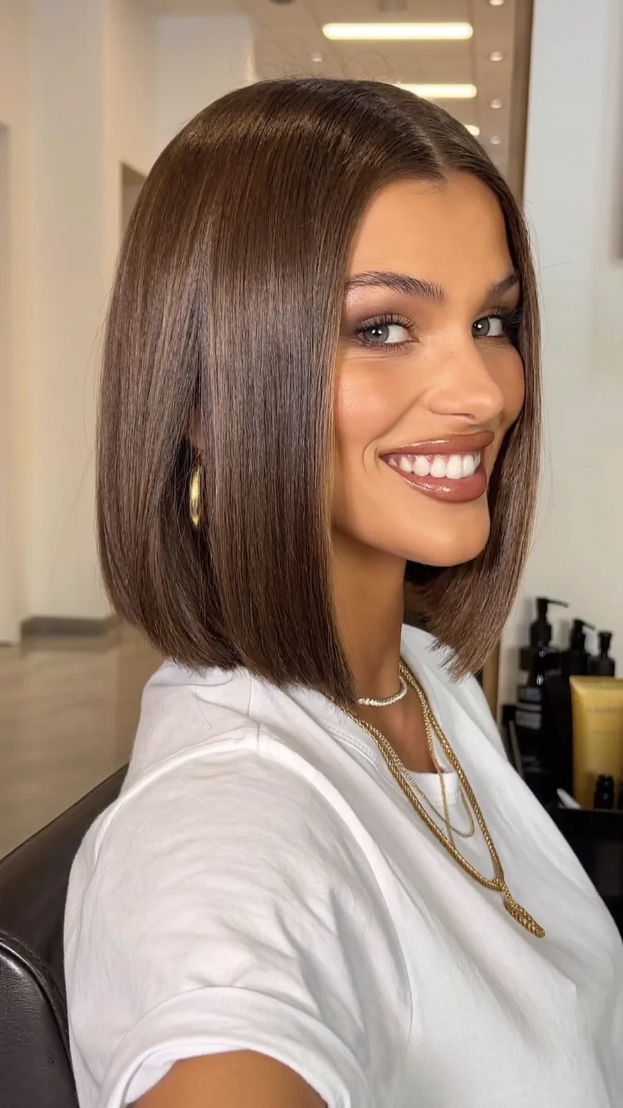Sleek Center-Parted Blunt Bob with Rich Chocolate Tone