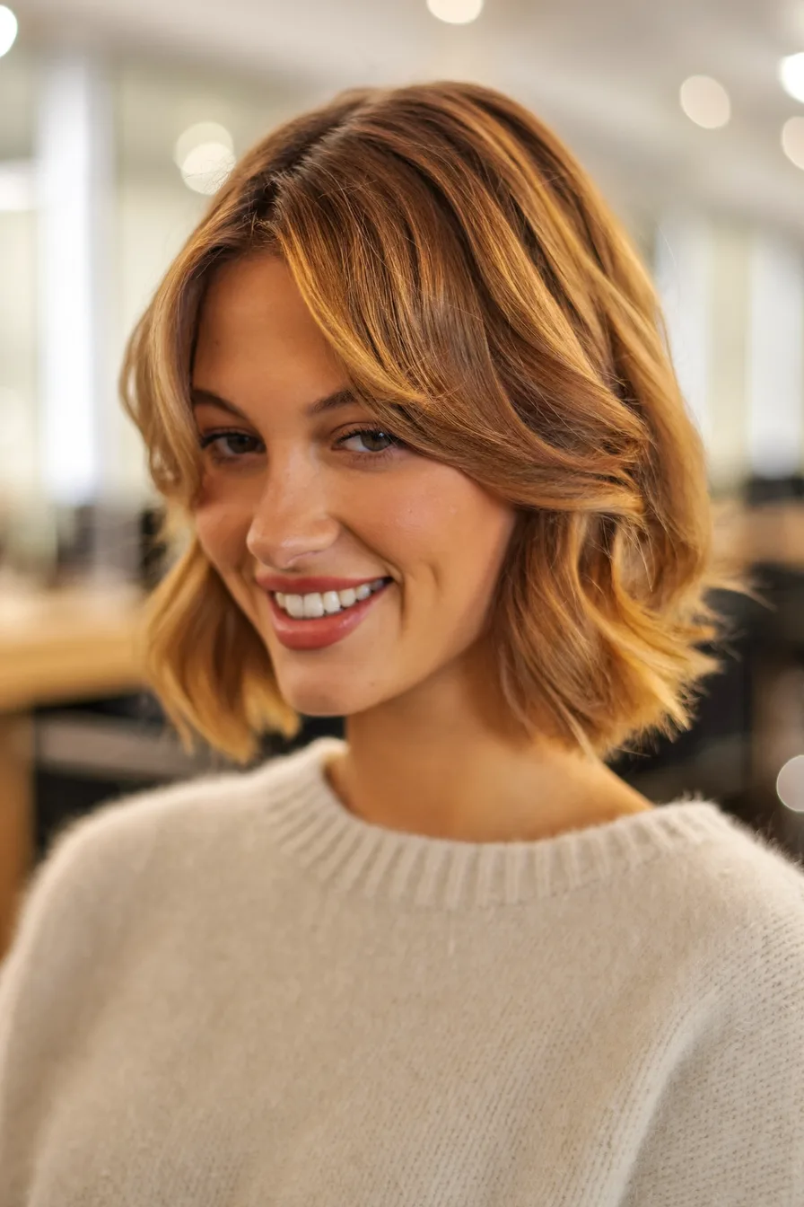 Soft Wavy Lob with Balayage and Feathered Curtain Bangs