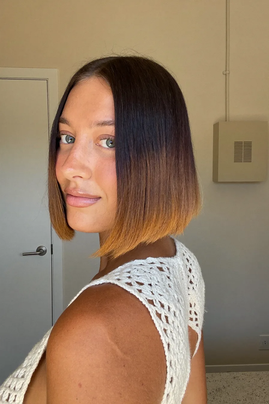 Sleek Chin-Length Blunt Bob with Warm Caramel Ombre Ends