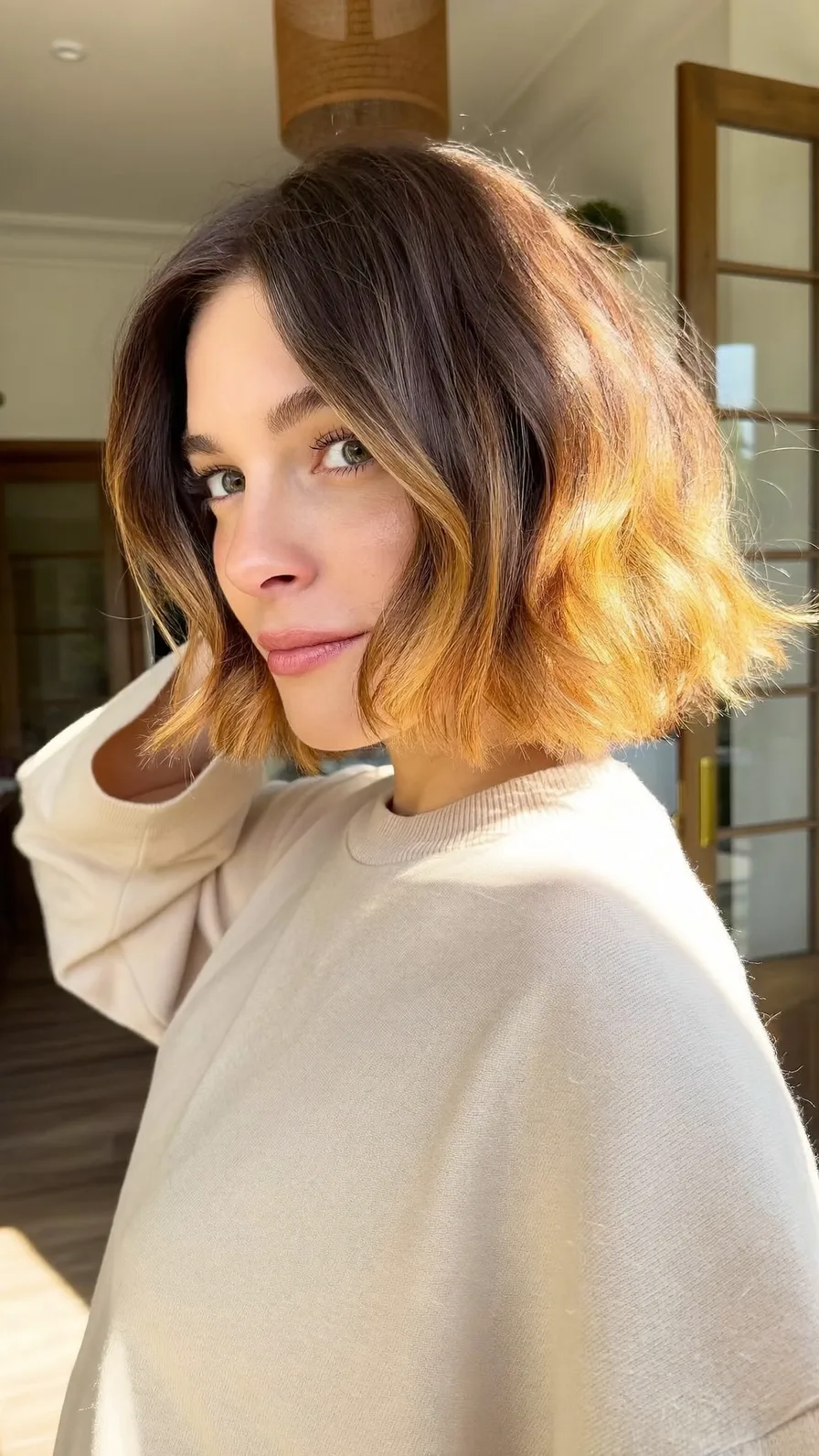 Textured Chin-Length Bob with Warm Caramel Ombre Highlights