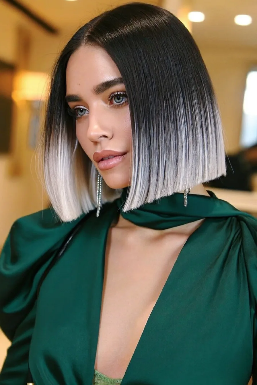 Sharp Chin-Length Bob with Black to Platinum Ombre Finish