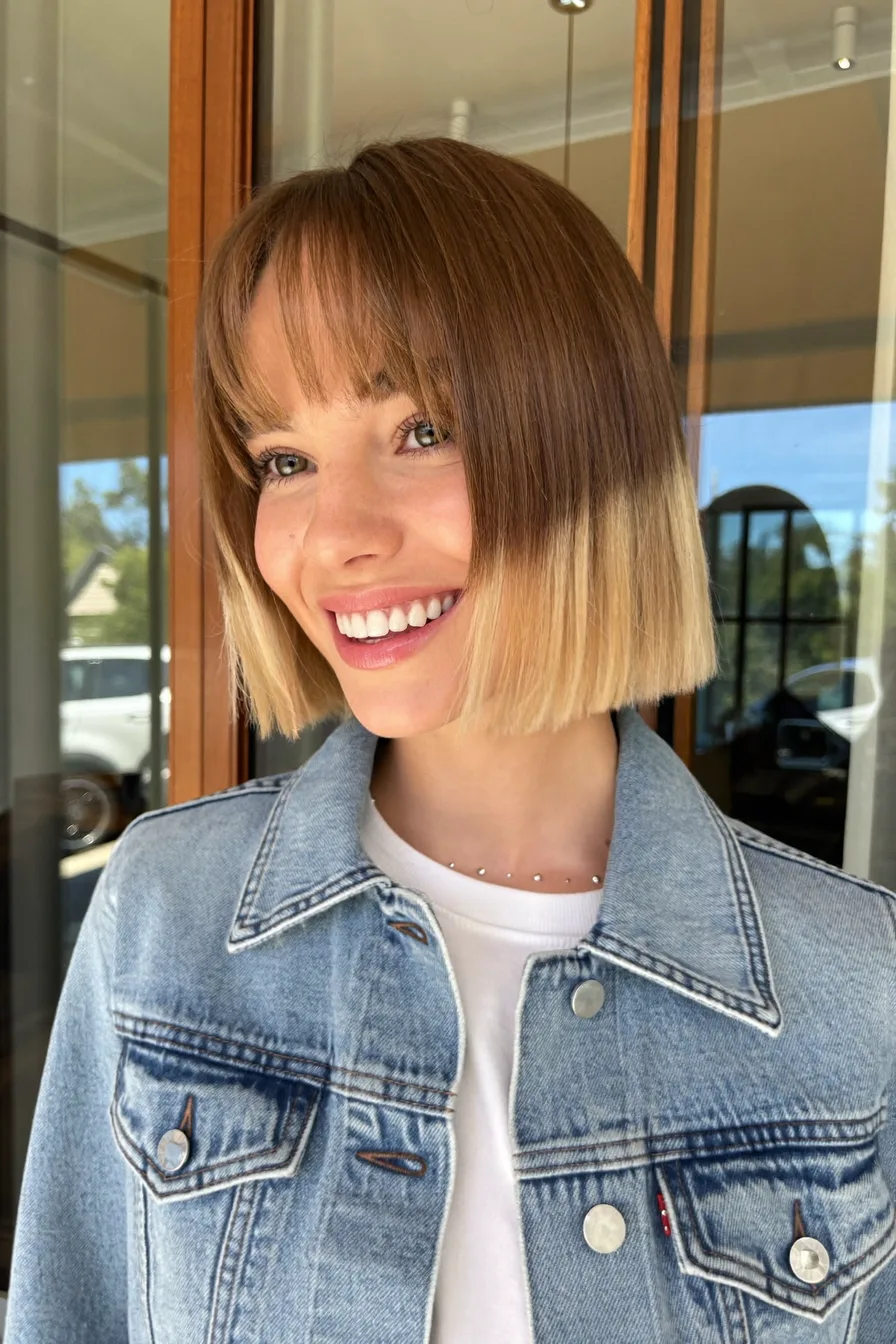 Chin-Length Blunt Bob with Ombre and Curtain Bangs