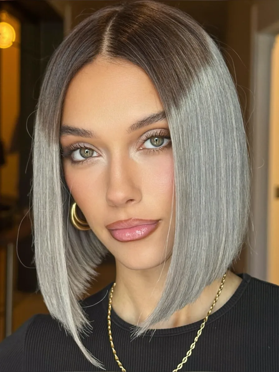 Modern Angled Bob with Ash Brown to Silver Ombre