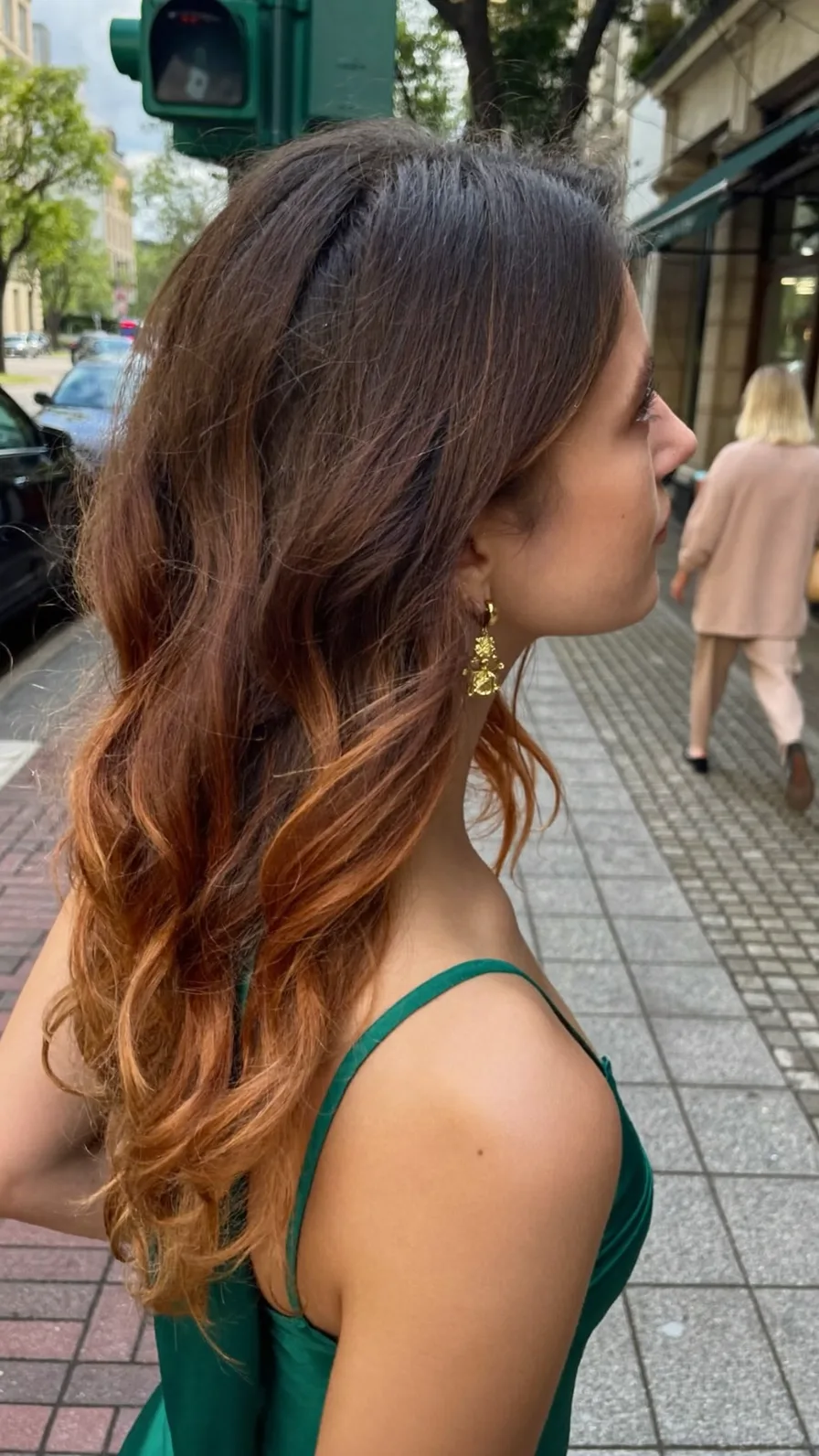 Flowing Long Layers with Warm Coppery Ombre and Side Sweep