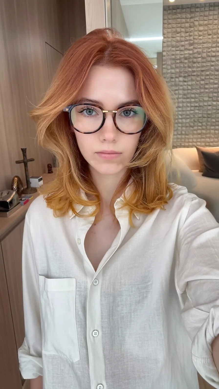 Soft Feathered Shoulder-Length Hair with Ginger Ombre and Curtain Bangs