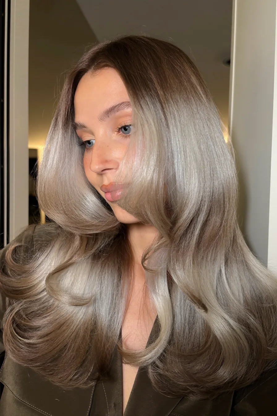Voluminous Ash Brown to Silver Ombre Long Layered Hair