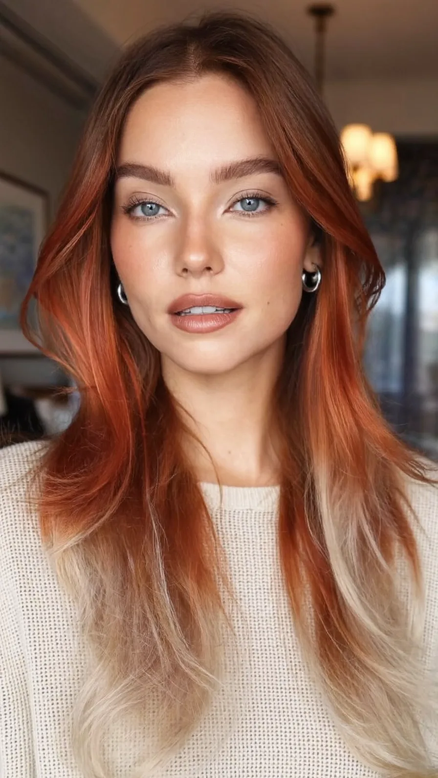 Flowing Long Layers with Copper Ombre and Feathered Ends
