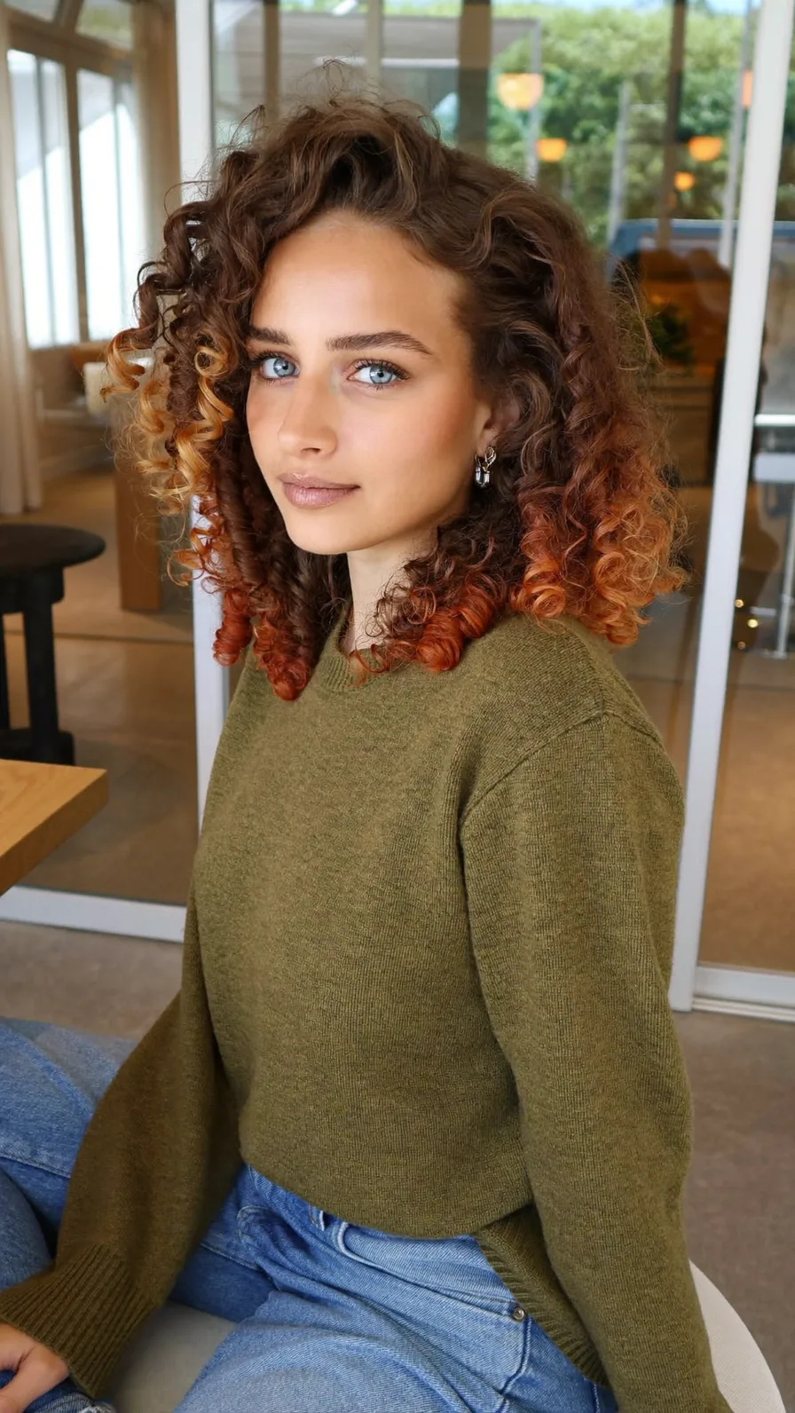 Voluminous Curly Shoulder-Length Ombre with Long Layers