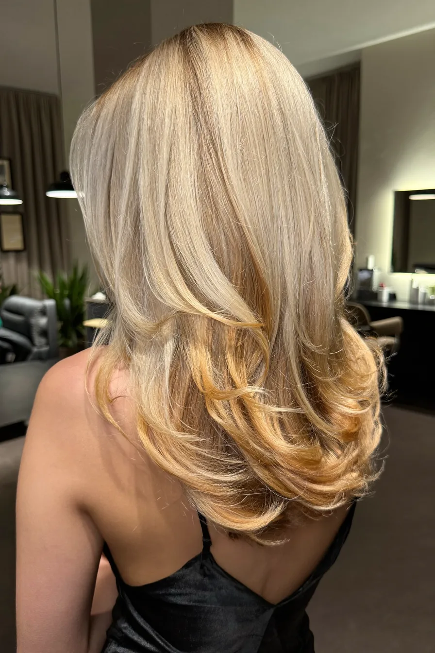 Medium-Length Flicked Layers with Ash Blonde Ombre Color