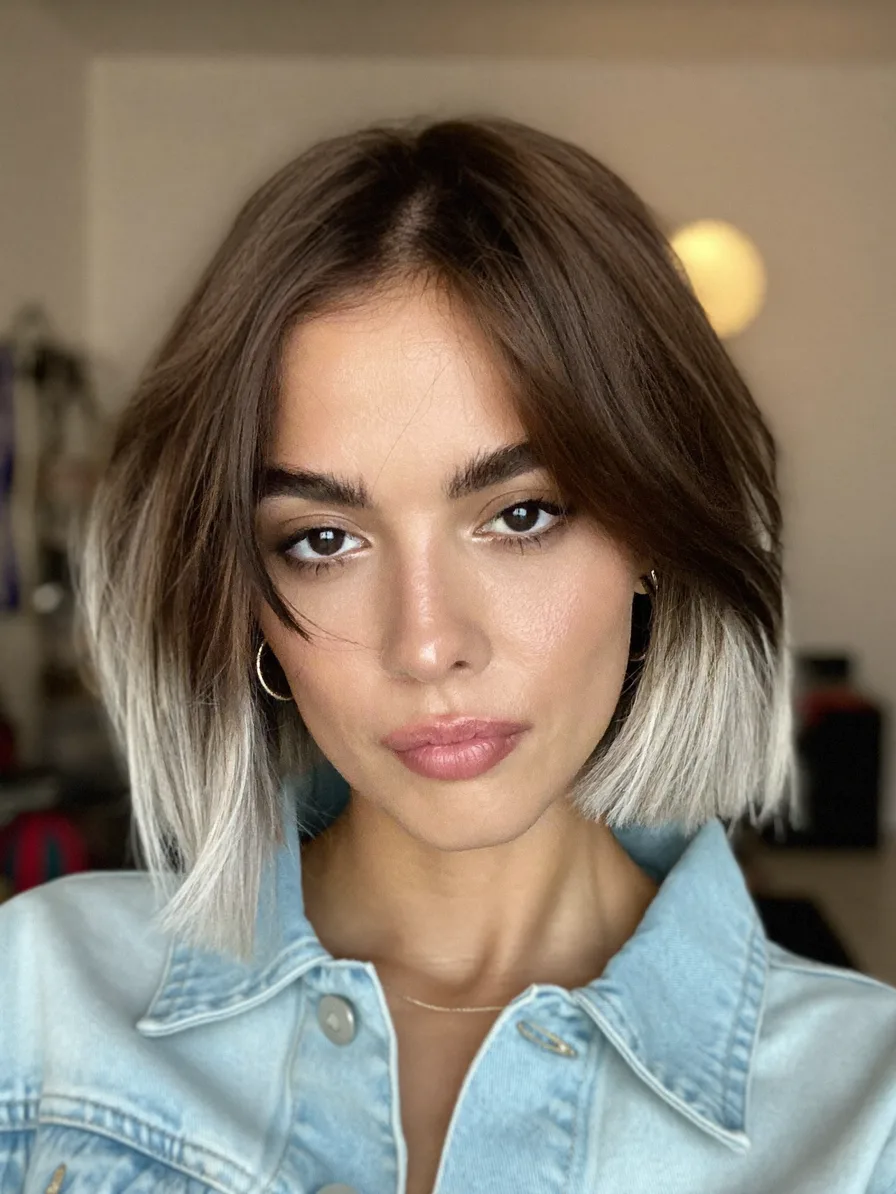 Chic Ombre Lob with Blunt Ends and Curtain Bangs