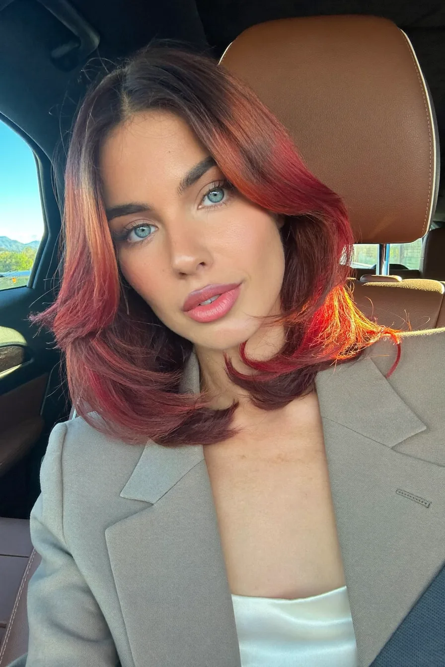 Modern Shoulder-Length Layers With Flipped Red Ombre Ends