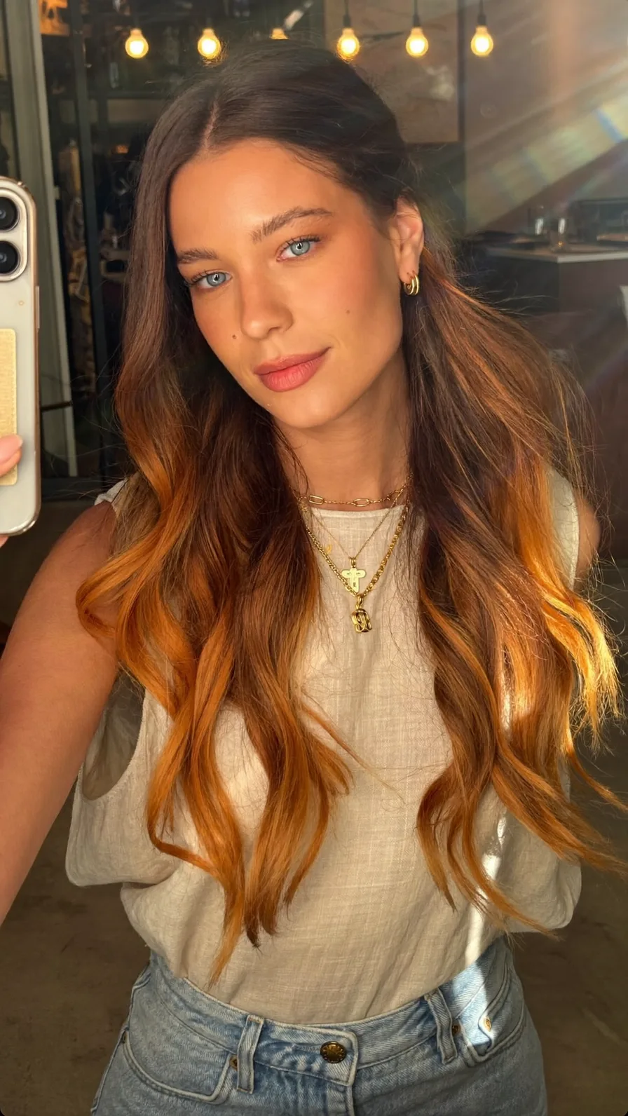 Long Layered Warm Brown Hair with Copper Ombre Waves