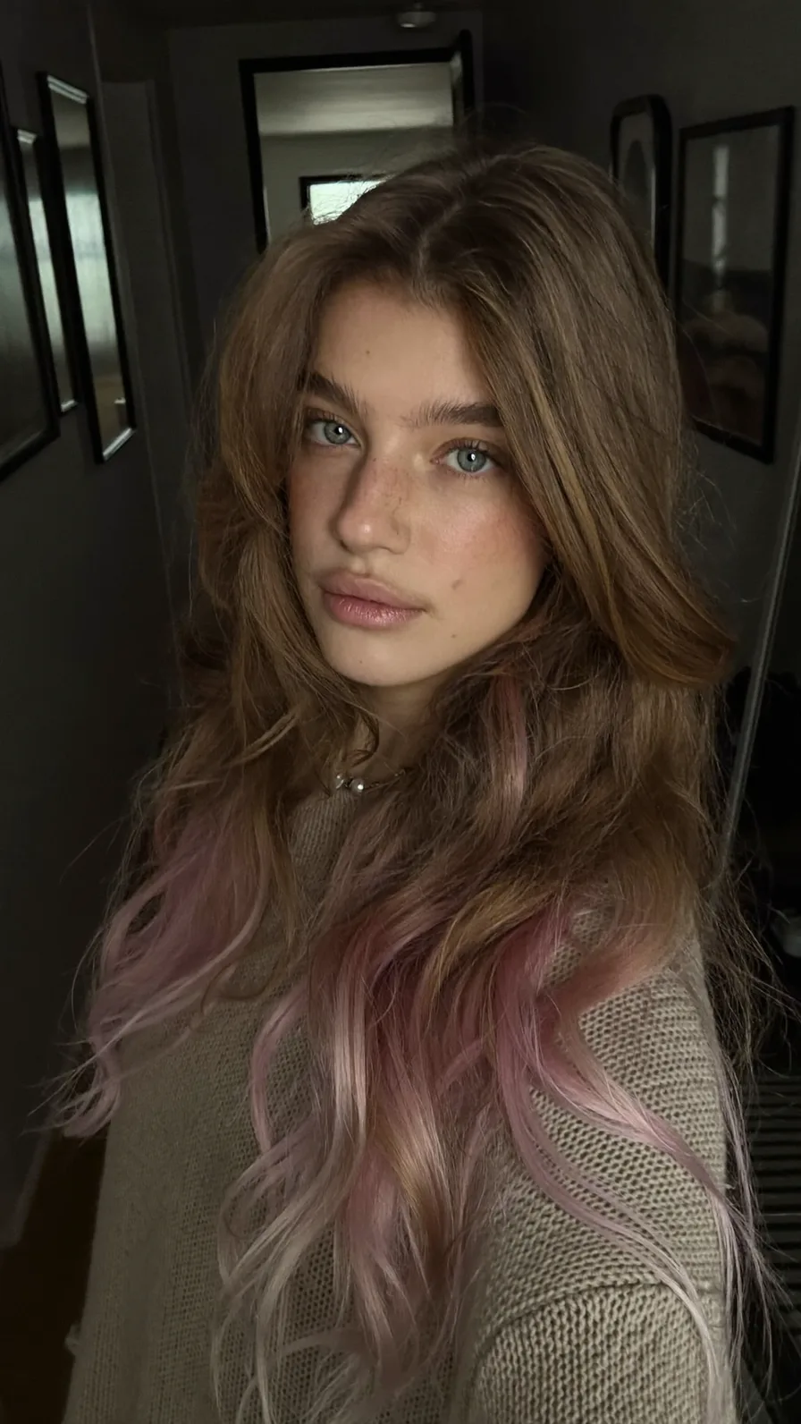 Soft Wavy Long Layers with Pink Ombre and Curtain Bangs