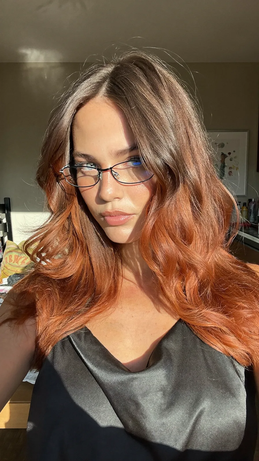 Voluminous Long Layers with Center Part and Copper Ombre