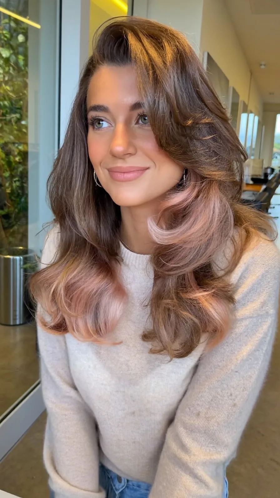 Modern Voluminous Long Layered Hair with Rose Pink Balayage