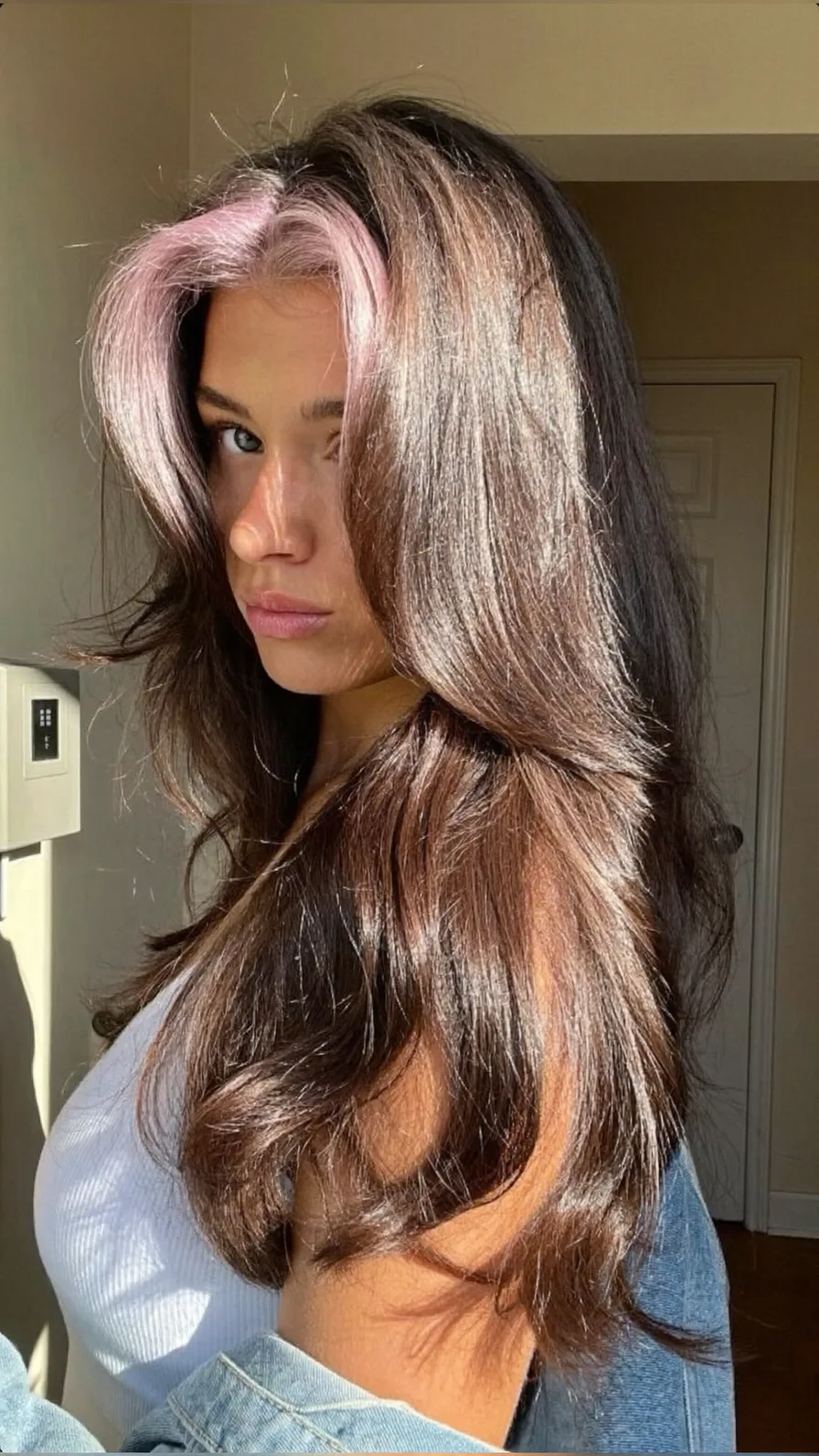 Long Layered Hair with Curtain Pink Money-Piece Highlights