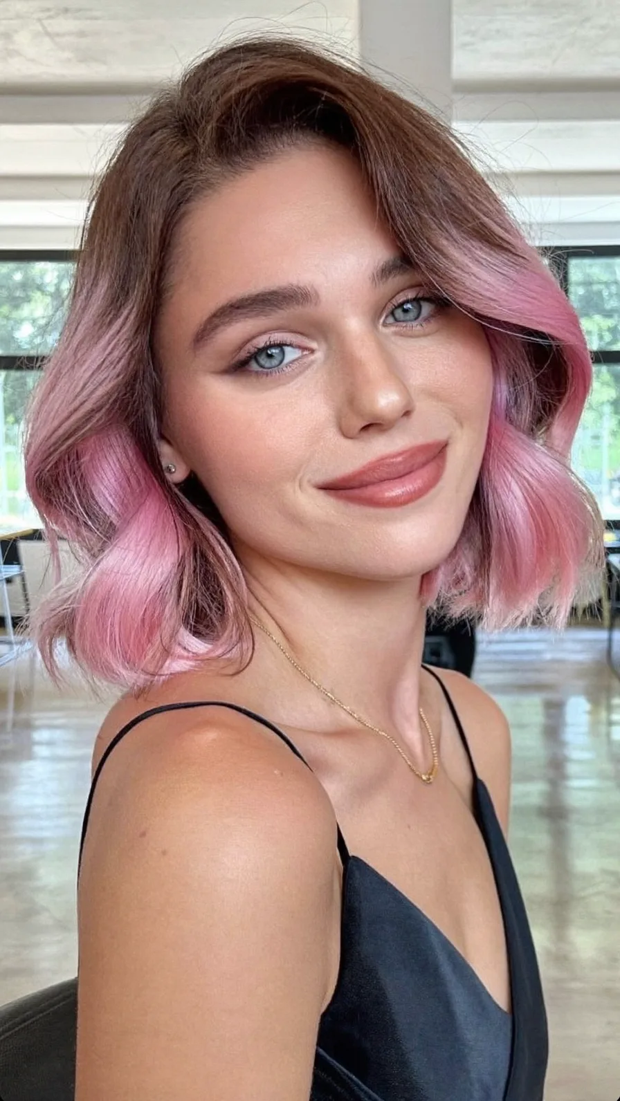 Chic Chin-Length Lob with Pastel Pink Dip-Dye Highlights