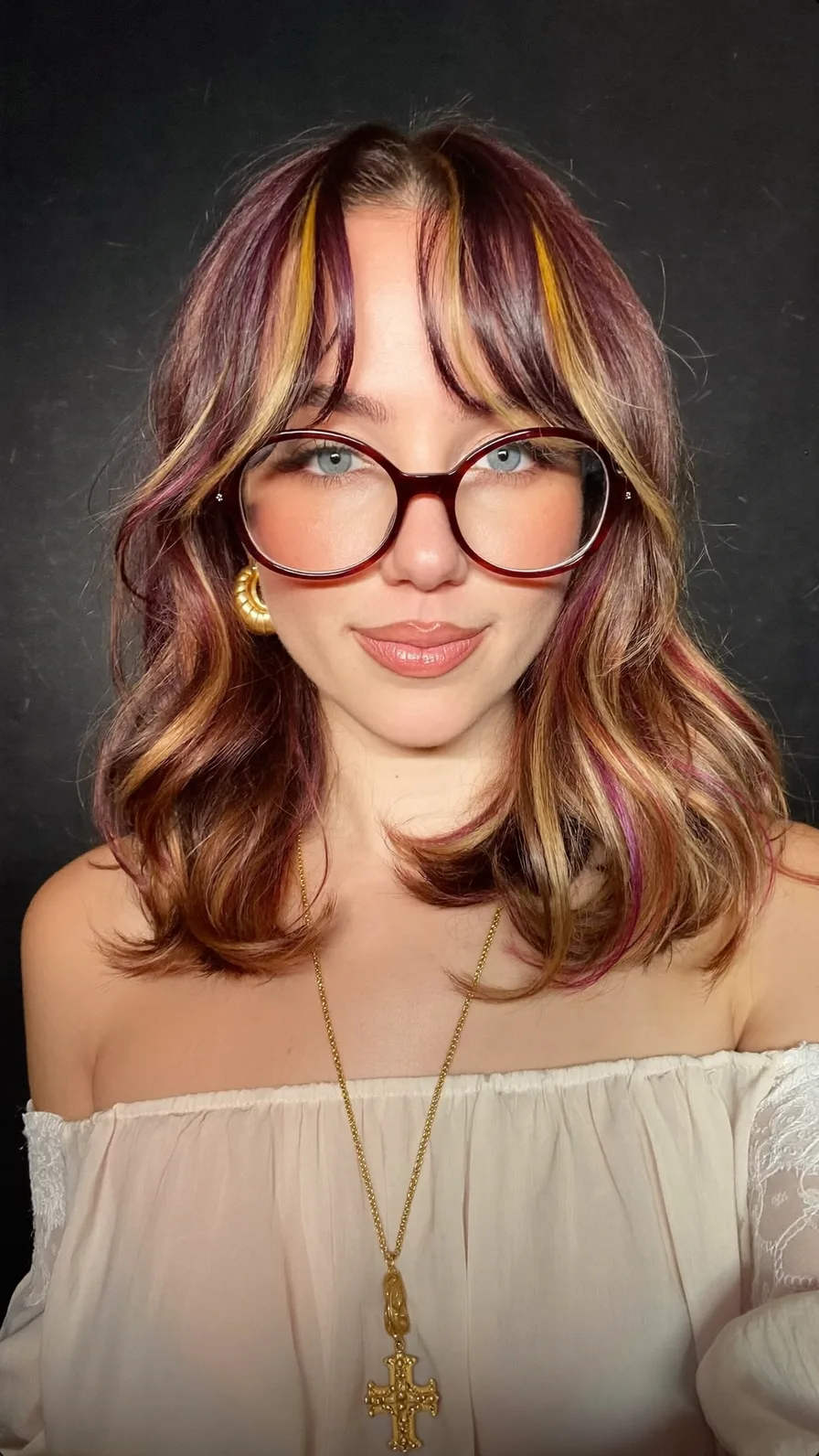 Modern Layered Lob with Curtain Bangs and Bold Multi-Tone Highlights