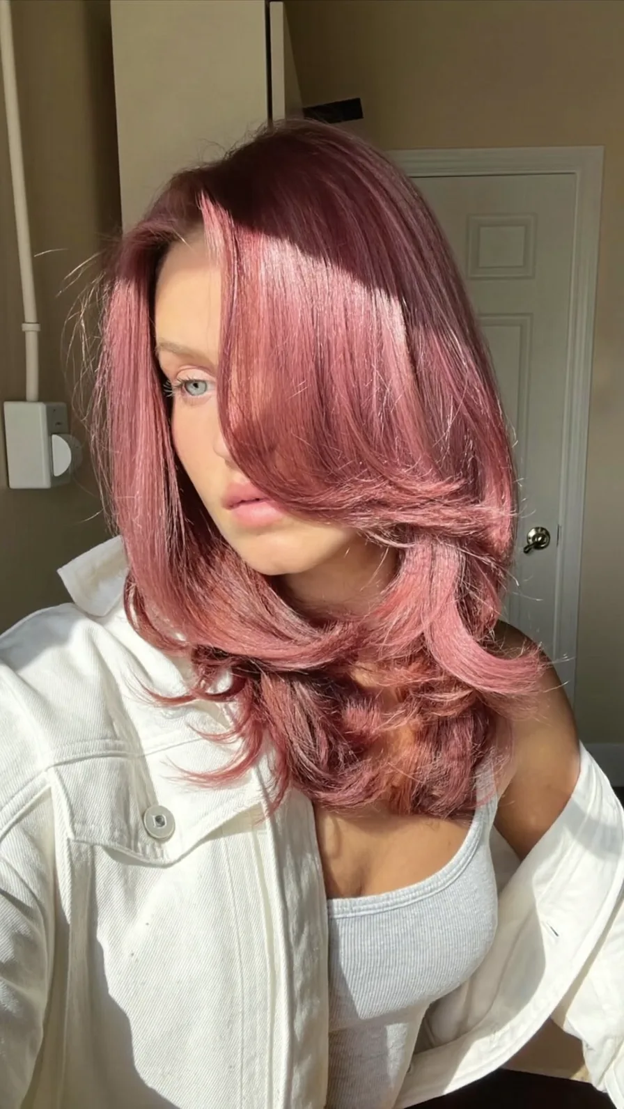 Modern Dusty Rose Pink Long Layers with Soft Side-Swept Bangs