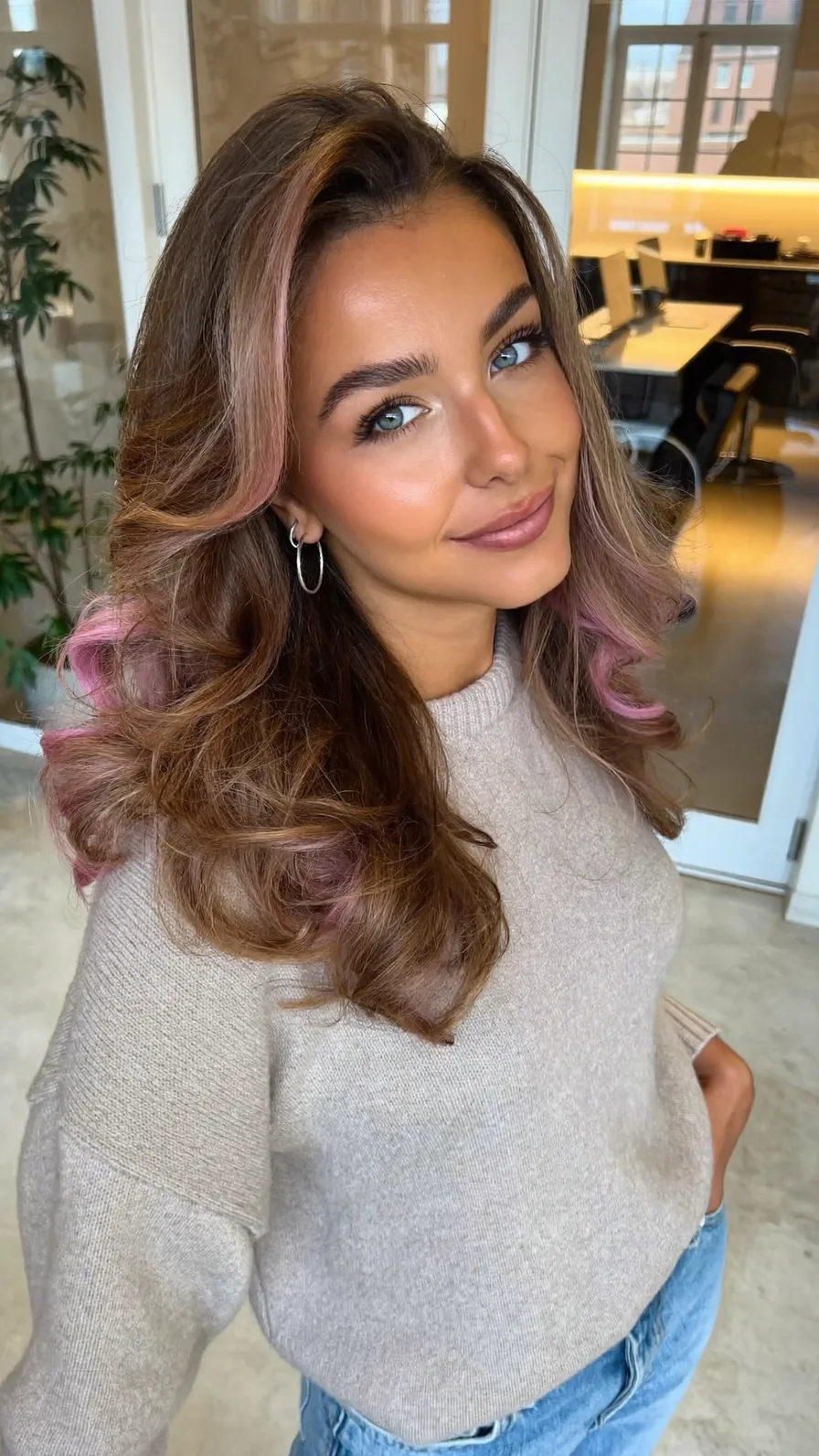Voluminous Long Layers with Ash Brown and Pink Balayage Highlights
